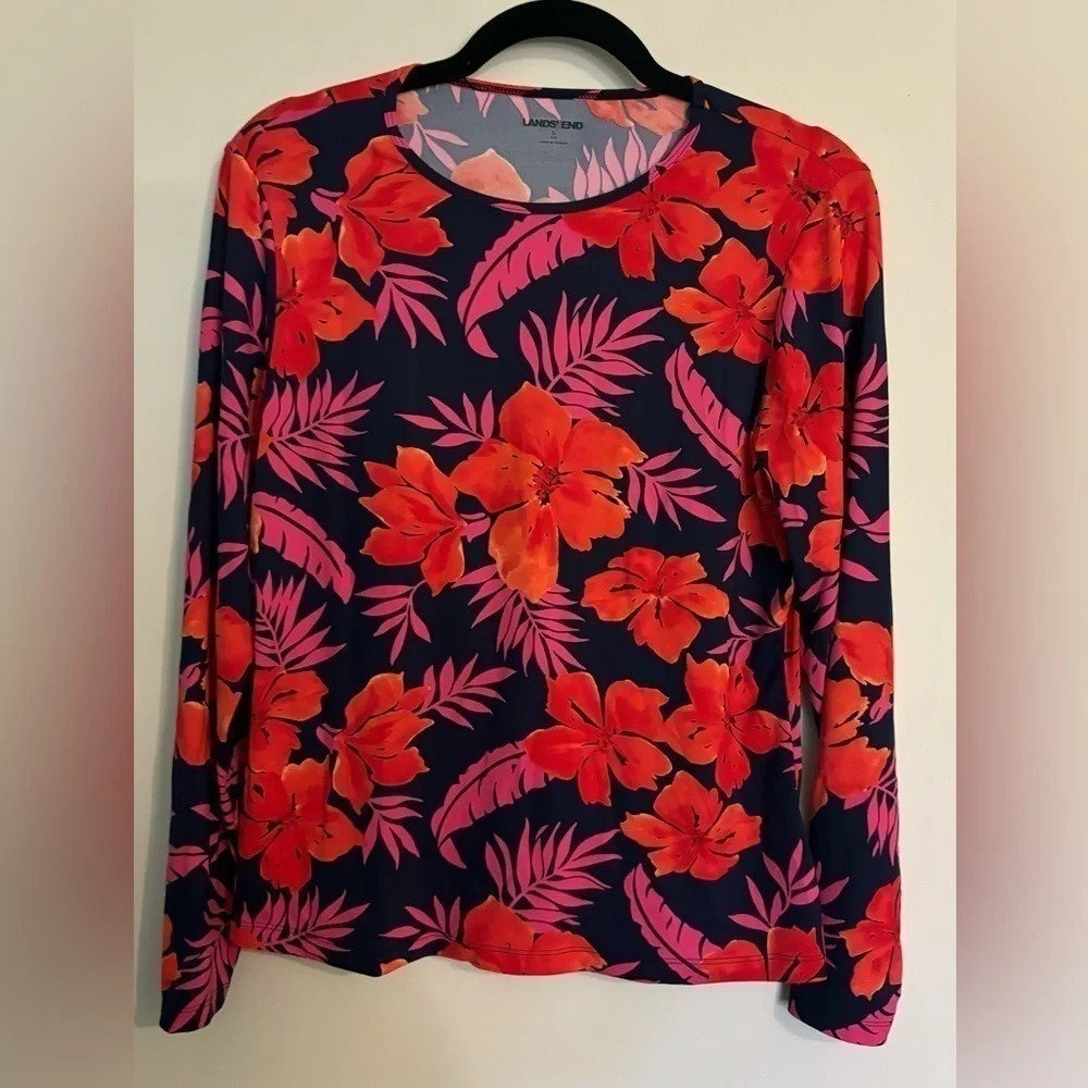 Lands' End Womens Size S (6-8) Hawaiian Tropical Print Loose Fit Rashguard Navy